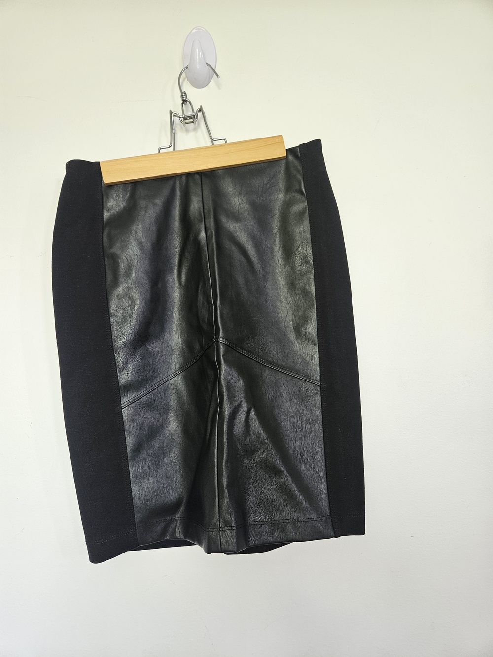 Dex Black Faux Leather Pencil Skirt Knit Side Panels Size S